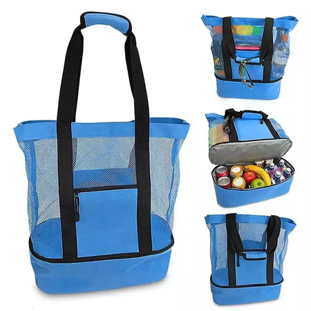 Grande bolsa de malha transparente de camada dupla para mulheres, alta capacidade, preservação de calor, piquenique, praia, bolsa, escritório, almoço, lanches, bolsa