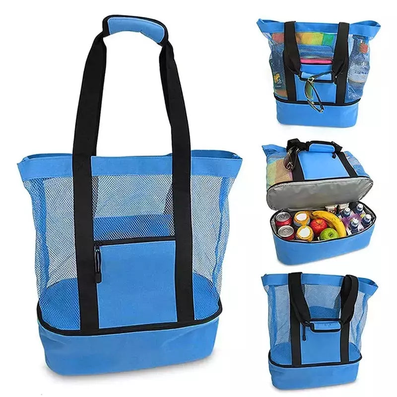 Grande bolsa de malha transparente de camada dupla para mulheres, alta capacidade, preservação de calor, piquenique, praia, bolsa, escritório, almoço, lanches, bolsa