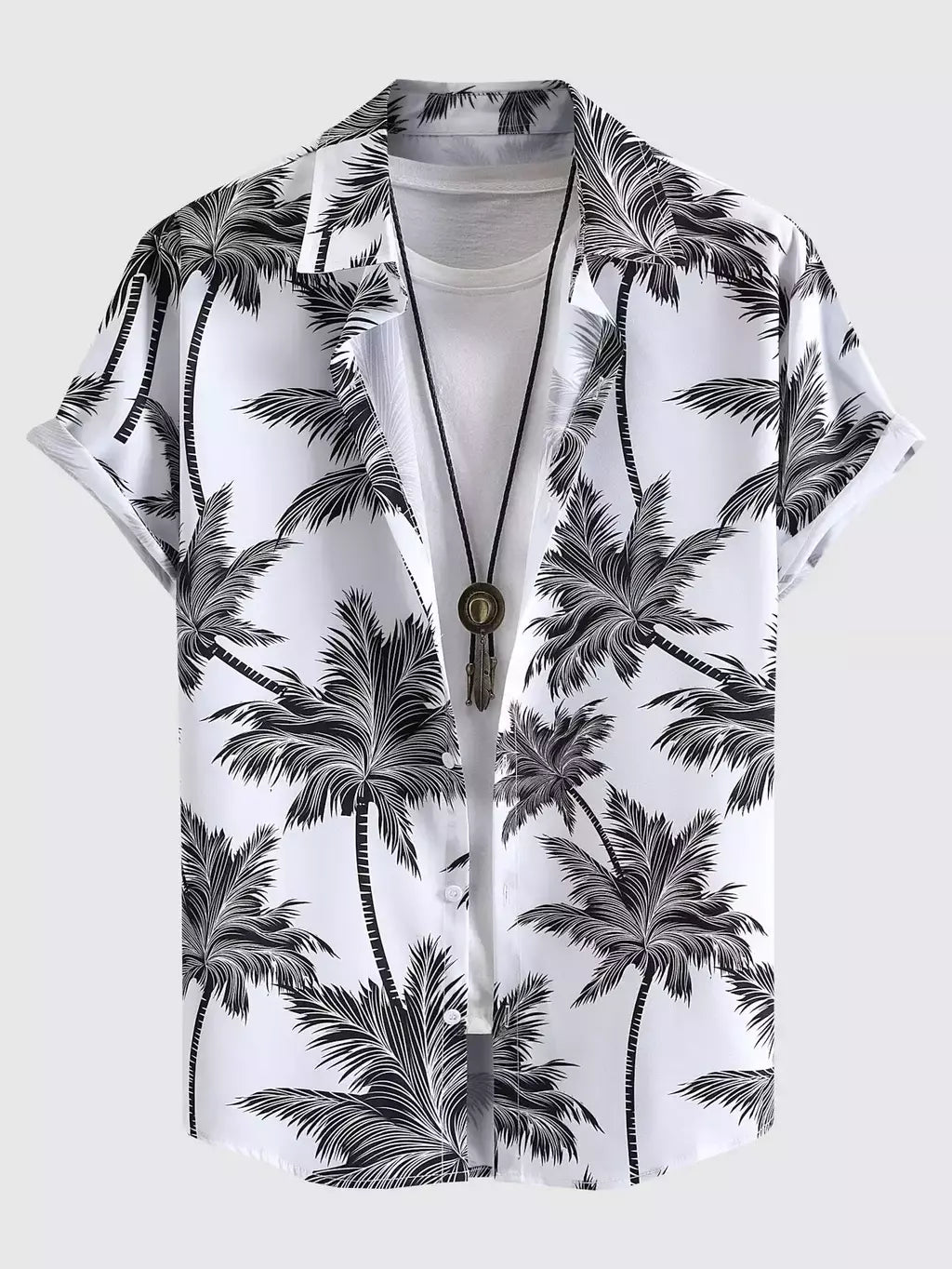 Camisa de lapela masculina de manga curta, estilo havaiano, padrão tropical de coqueiro, tops grandes, férias de verão
