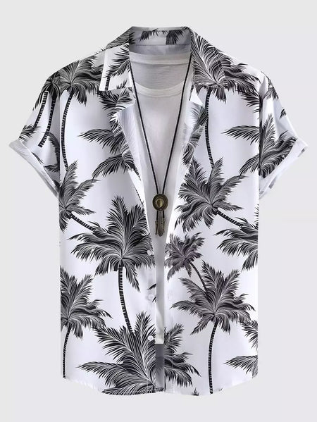 Camisa de lapela masculina de manga curta, estilo havaiano, padrão tropical de coqueiro, tops grandes, férias de verão