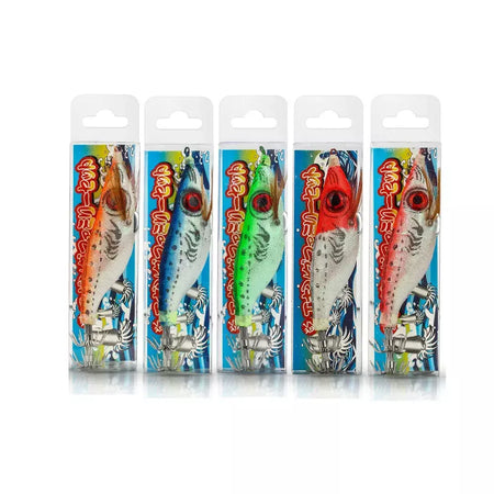 Dndyuju 5 pçs 9g/10cm isca de pesca chumbo chumbada lula gabarito gancho conjunto camarão de madeira artificial polvo choco camarão isca dura