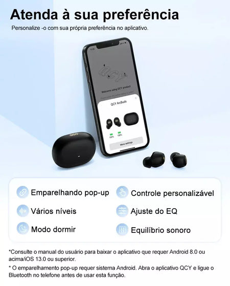 QCY-HT07 ANC Fones De Ouvido Sem Fio, Auscultadores HiFi, Cancelamento de Ruído, Earbuds TWS, 6 Microfone, Chamada AI HD, Reprodução 32H, 40dB, Bluetooth 5.2