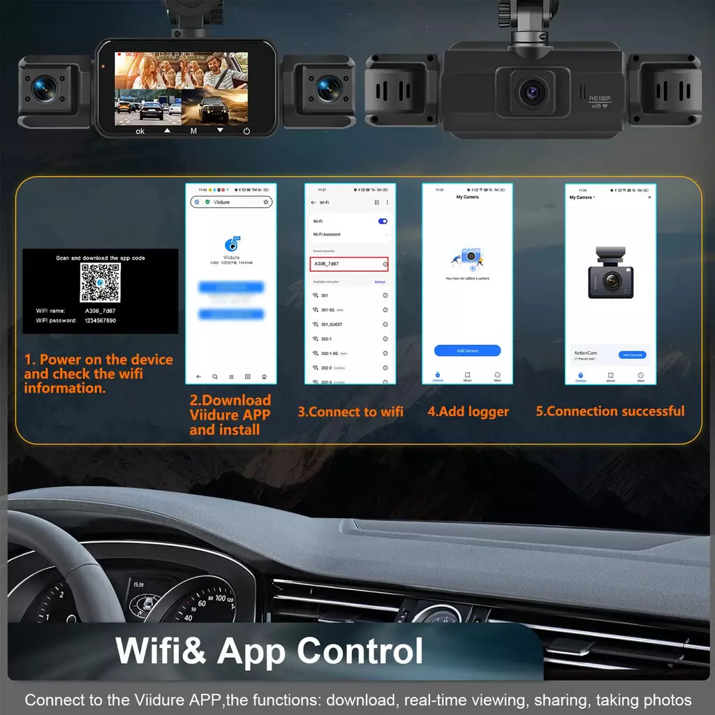 Dashcam para carros 4 canais caixa preta wifi câmera de condução fhd 1080p visão noturna gravação em loop adicionar kit de fio rígido acessórios do carro