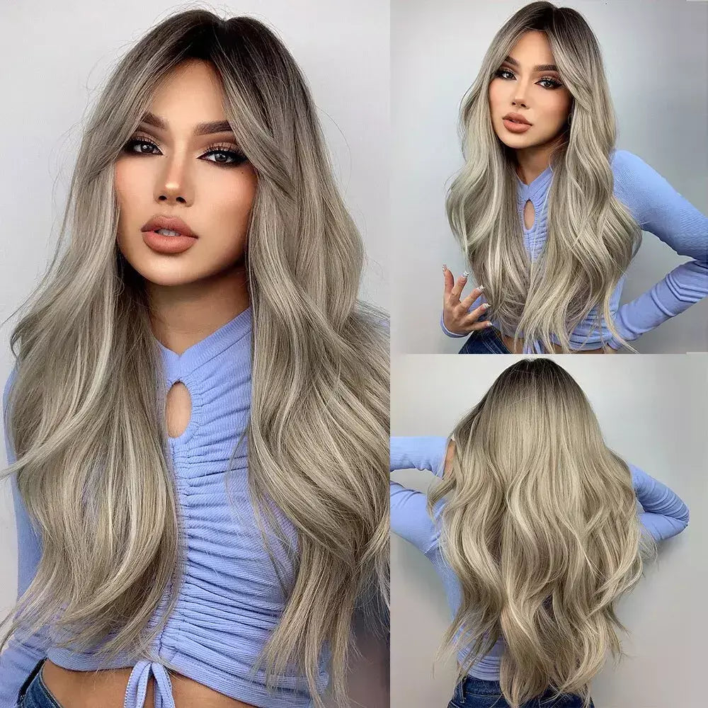 Marrom loira ombre perucas de cabelo natural para mulheres longo ondulado com raízes escuras peruca sintética para mulheres resistente ao calor perucas coaplay