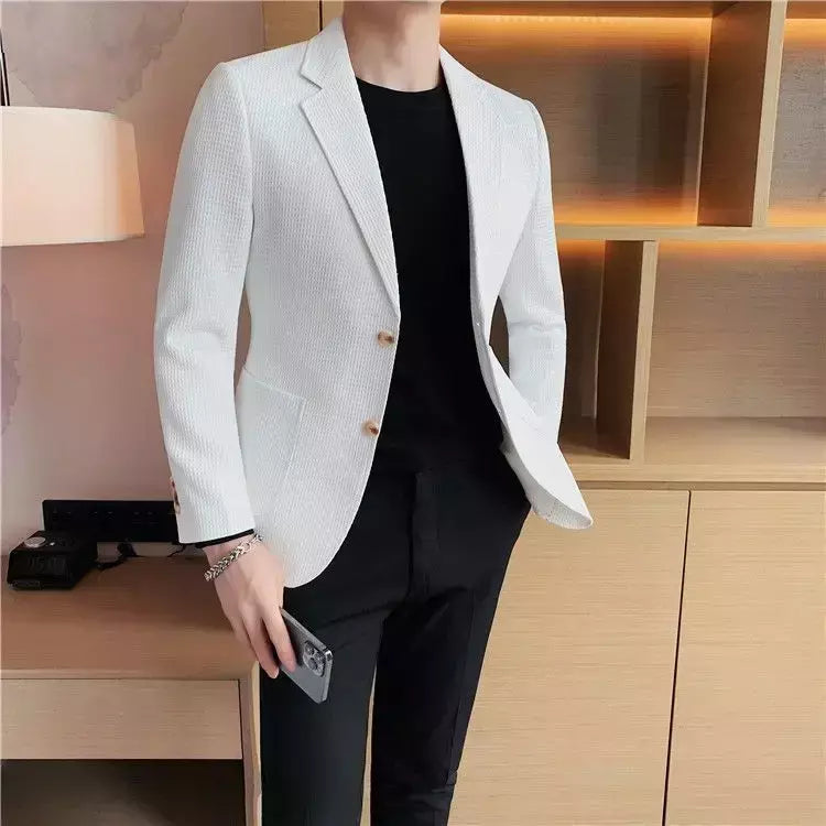 Ternos e blazers brancos masculinos, roupas estilo coreano, casacos com seios simples, jaquetas, jaqueta de waffle masculina, roupas