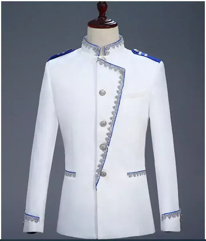 (Jaqueta e calça) masculino tribunal britânico banquete vestido emendado terno 2024 novo masculino festa de casamento prata borda de seda blazer e calças