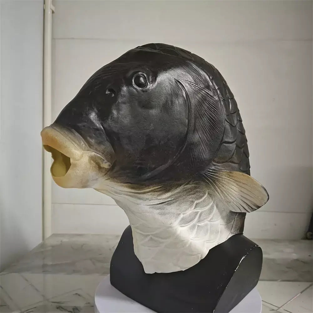 Máscara de cabeça de peixe engraçado animal máscara de carpa preta para festa de aniversário de halloween animal cosplay cabeça capa brincadeira prop peixe máscaras de látex