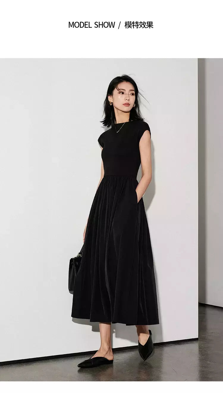 LILYMOON-vestido longo de emenda francês, saia de cintura alta, preto, fino, temperamento, cem, moda, verão