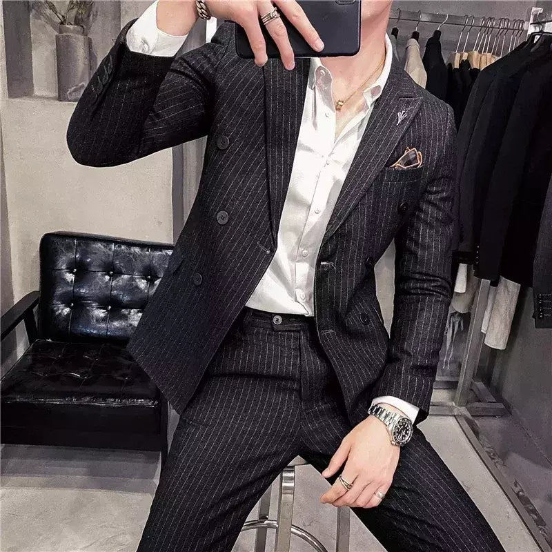 (Blazer + calças) high-end marca formal negócios xadrez terno dos homens noivo vestido de casamento cor sólida palco desempenho smoking S-7XL