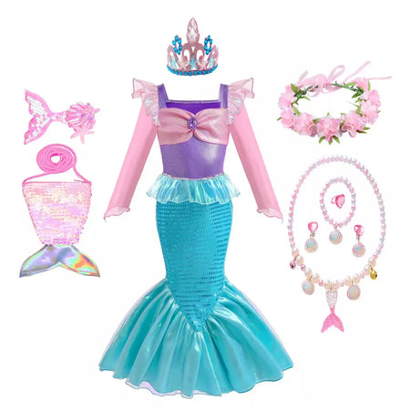 Meninas escala roxa princesa sereia ariel cosplay vestido de halloween vestido de festa de aniversário meninas verão praia vestido de férias