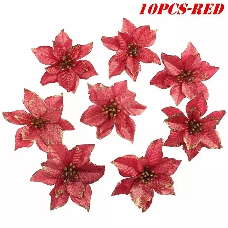 10 pçs grandes lantejoulas flor de natal glitter poinsétia 5.5 polegada flores artificiais enfeites de árvore de natal decorações para casa