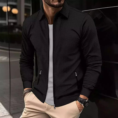 Jaqueta waffle de manga comprida masculina, monocromática, com zíper, bolso, cardigã lapela, gola polo casual, outdoor wear, primavera e outono