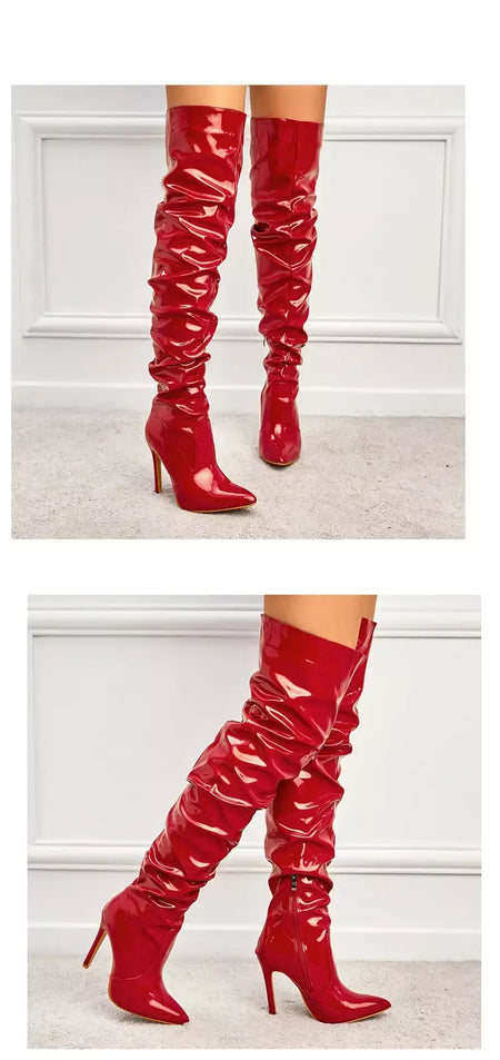 Eilyken-Patent Leather Apontado Toe Salto Alto para Mulheres, Botas Vermelhas Sobre o Joelho, Sapatos de Zíper Lateral, Stiletto Sólido, Calçado Feminino