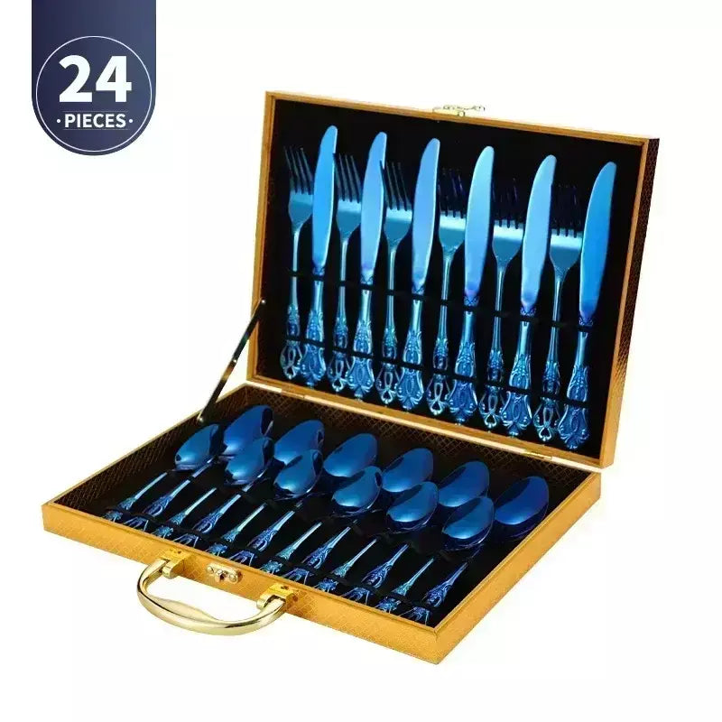 Conjunto de talheres de aço inoxidável dourado, colher europeia real, garfo, talheres completos, design retrô, seguro para máquina de lavar louça, talheres elegantes