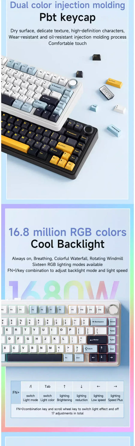 AULA F75 2.4G Teclado mecânico para jogos sem fio/Bluetooth/com fio RGB personalizado 75% layout OEM estrutura de junta de perfil