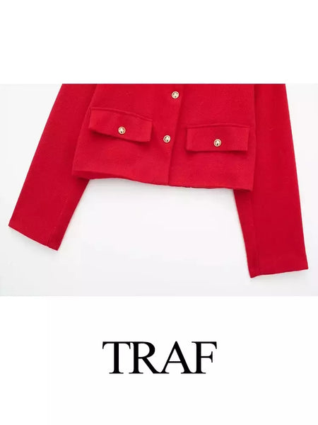 TRAF-Casaco Cropped feminino com botão dourado, blazer bomber, streetwear chique, blusa de casacos femininos, moda primavera, 2022
