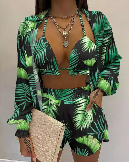 Fato de banho feminino de três peças, moda praia sexy, biquíni de cintura alta, maiô estampado, shorts para cobrir, moda praia de verão, novo 2024