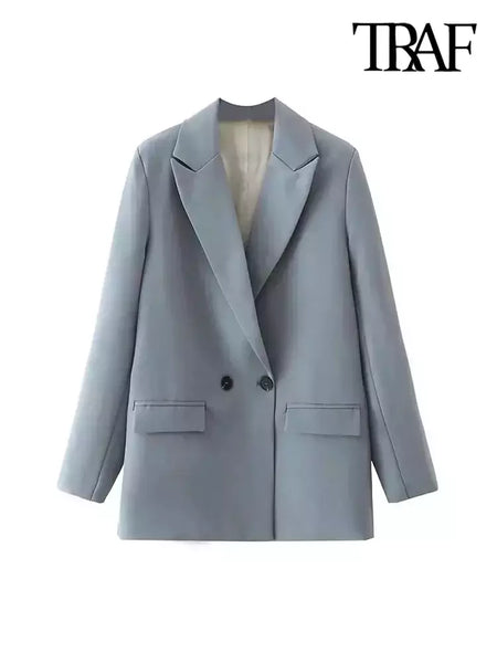 TRAF-Blazer de trespassado feminino, gola entalhada, manga comprida, chique, senhora do escritório, casaco vintage, casacos femininos, tops elegantes, moda