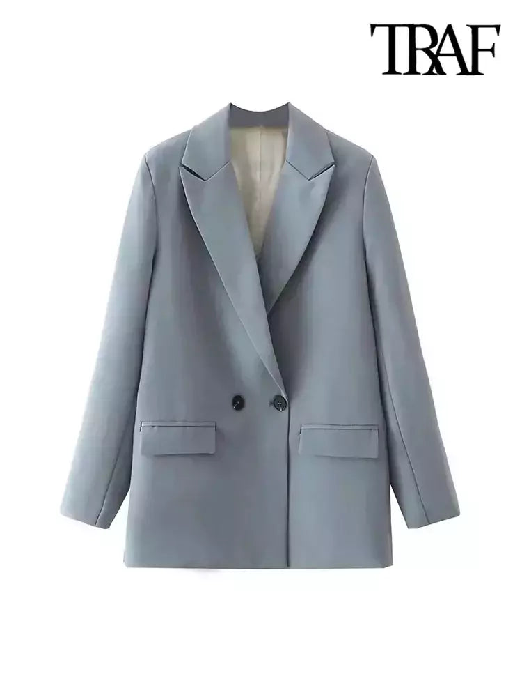 TRAF-Blazer de trespassado feminino, gola entalhada, manga comprida, chique, senhora do escritório, casaco vintage, casacos femininos, tops elegantes, moda