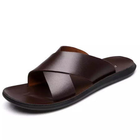 Sandálias para homens chinelos de couro genuíno marca de luxo moda masculina apartamentos casuais antiderrapantes praia sandalia zapatos hombre 2024