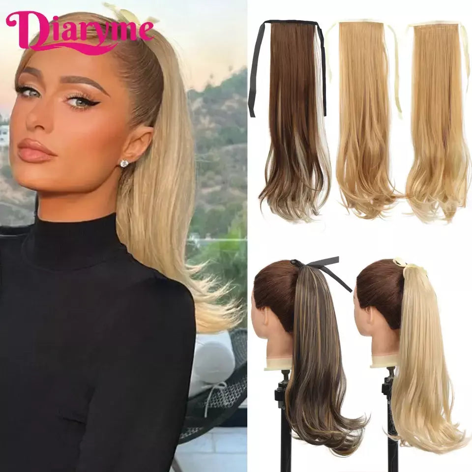 Extensões sintéticas longas do cabelo do rabo de cavalo para mulheres, preto, marrom, reistan do calor, rabo de pônei, cabelo falso, grampo no hairpiece