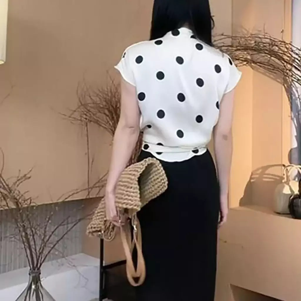 Blusas sem mangas de bolinhas para senhora, estilo francês, laço com renda, decote em v, tops sedosos, roupas elegantes de escritório, verão, novidade, 2022