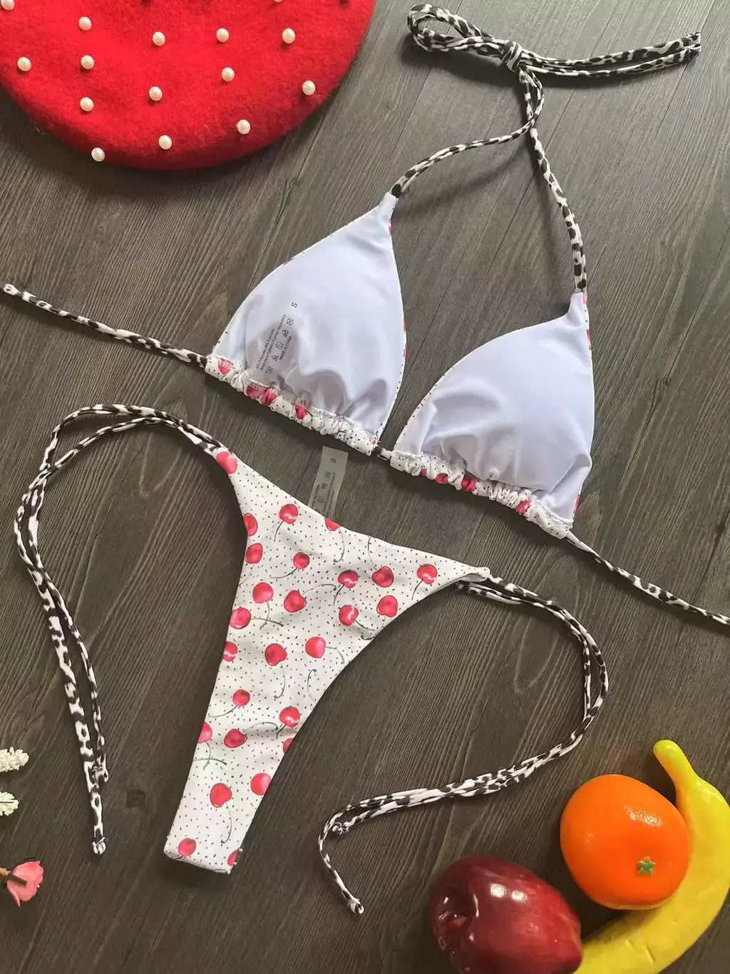 Conjunto brasileiro de biquíni tanga para mulheres, moda praia, tanga sexy, maiô, 2 peças, roupa de banho, estampa cereja fofa, 2023