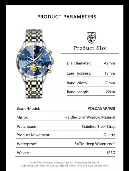 Poedagar luxo relógio masculino topo original à prova dwaterproof água luminosa cronógrafo homem relógio de pulso aço inoxidável quartzo relógios masculinos reloj
