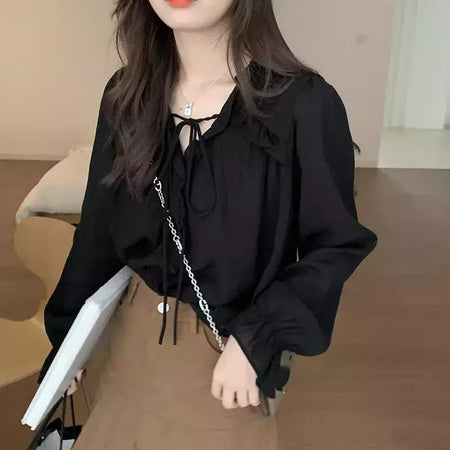 Xpqbb-Blusa de chiffon com decote em V para mulheres, camisas soltas com renda, manga comprida, babados, streetwear feminino, roupas coreanas, primavera e outono, 2024