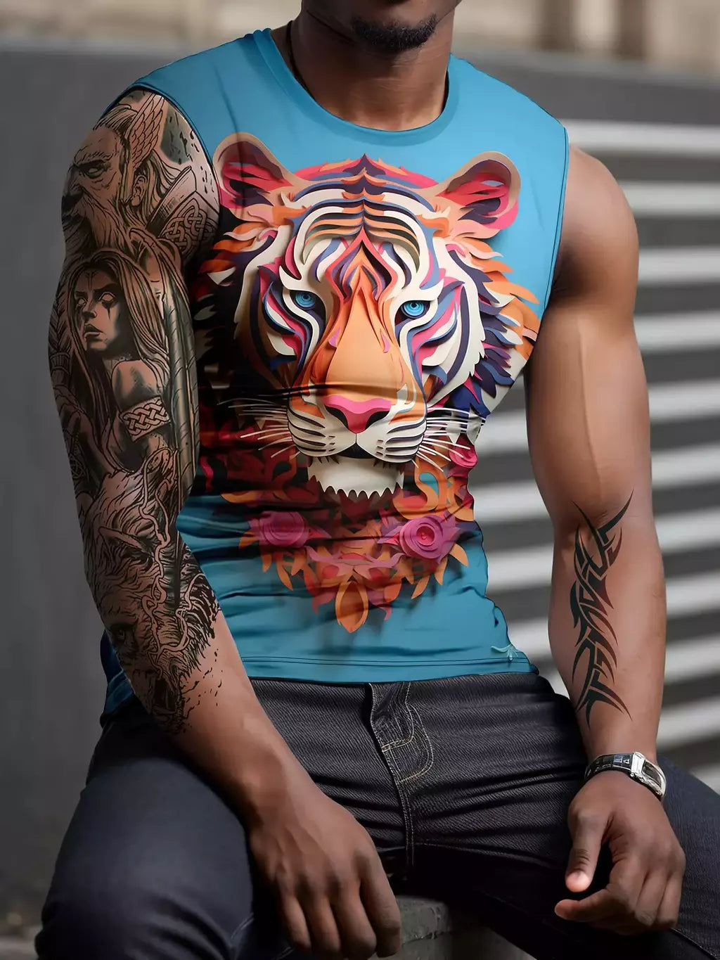 Camisola de alças estampada 3D leão tigre masculina, poliéster, versátil, casual, dominante na rua, gola redonda, sem mangas, primavera, verão, novo