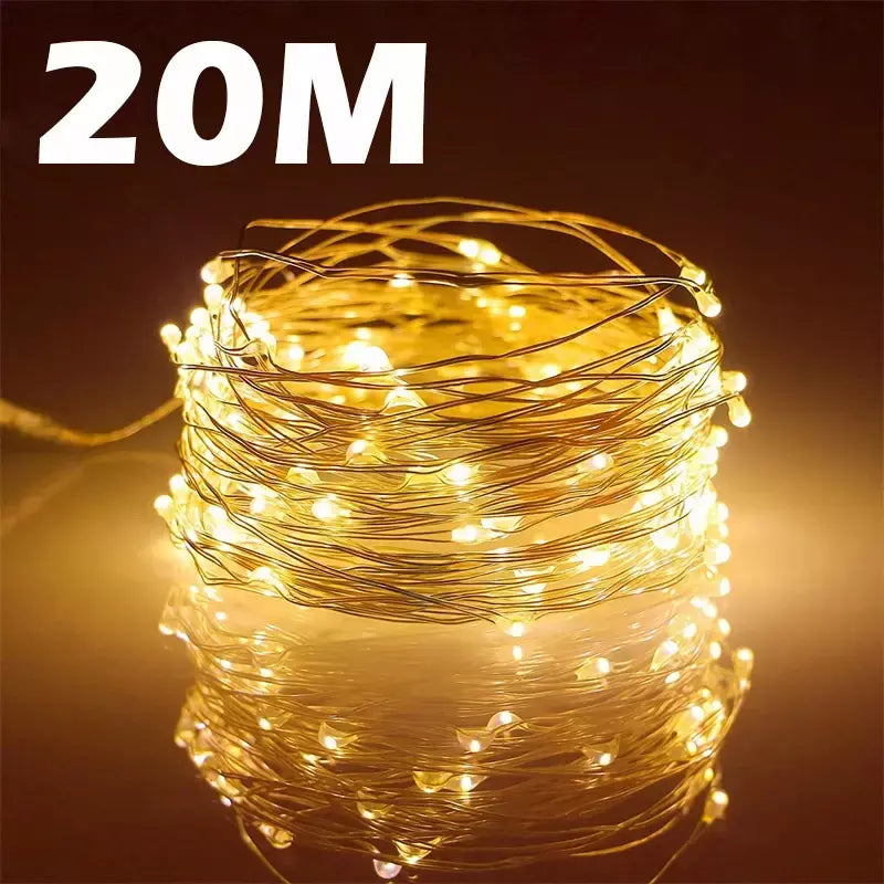 USB LED Fairy Lights Copper Wire String, Lâmpada ao ar livre, Guirlanda para árvore de Natal, Decoração de casamento, Feriado, 20m, 200 LEDs