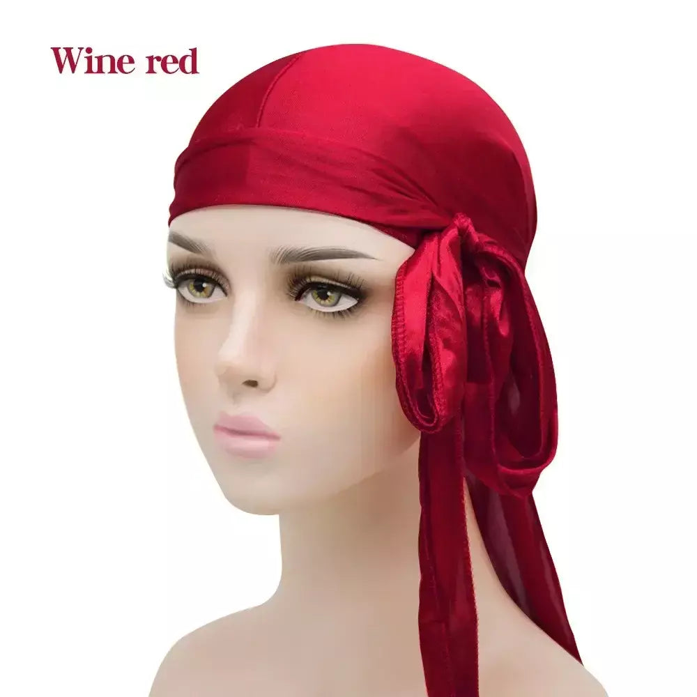 Elasticidade baotou boné faixas de cabelo simulação sedosa durag cauda longa chapéu pirata bandana turbante para crianças criança fita acessórios