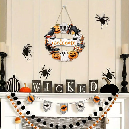 Novo sinal decorativo de madeira 2d de halloween com abóbora de gato preto e fantasma-design "bem" para pendurar na porta decoração de festival fantasma