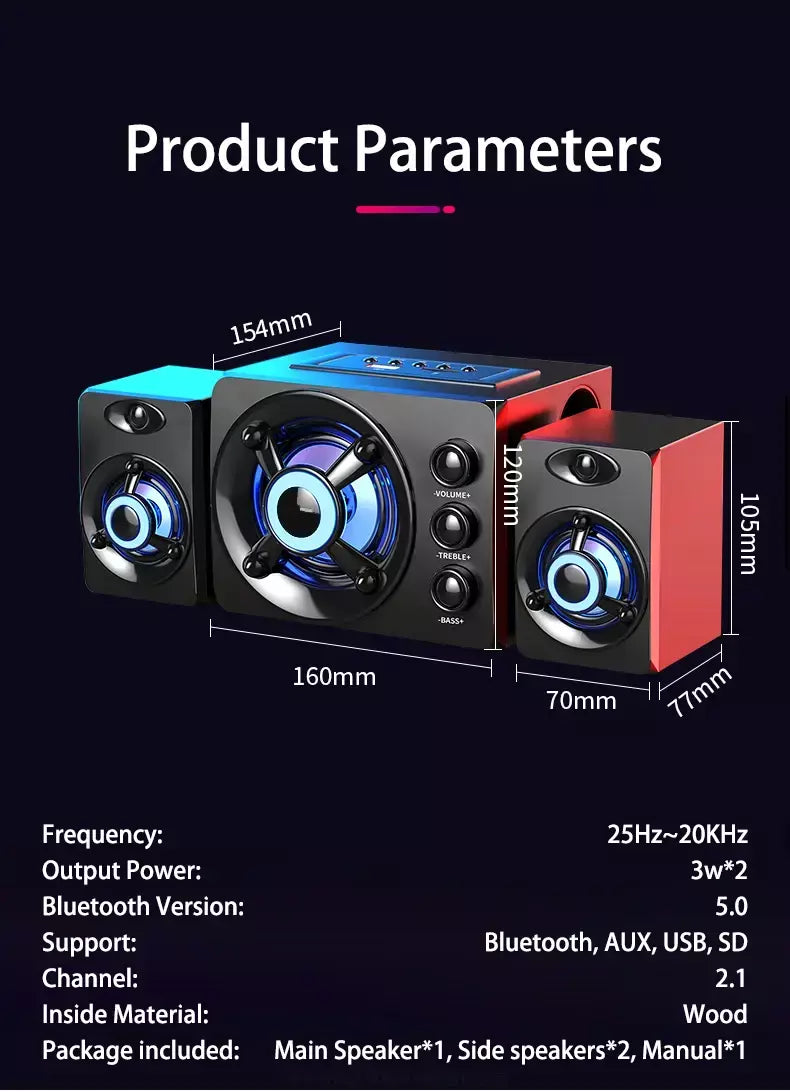 Alta-falantes estéreo 3d de alta fidelidade colorido led luz pesada aux usb com fio sem fio bluetooth áudio home theater barra de som surround tv