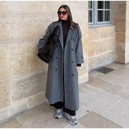Trench coat maxi oversized feminino com lapela entalhada com cinto duplo breasted vintage streetwear 2025 tendência casual casacos diários