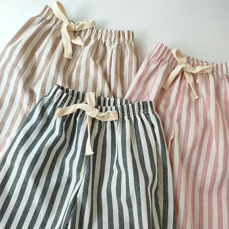 Primavera verão meninos listrado calças soltas bebê menina vintage casual linho algodão harlan calças crianças rendas-up calça crianças roupas