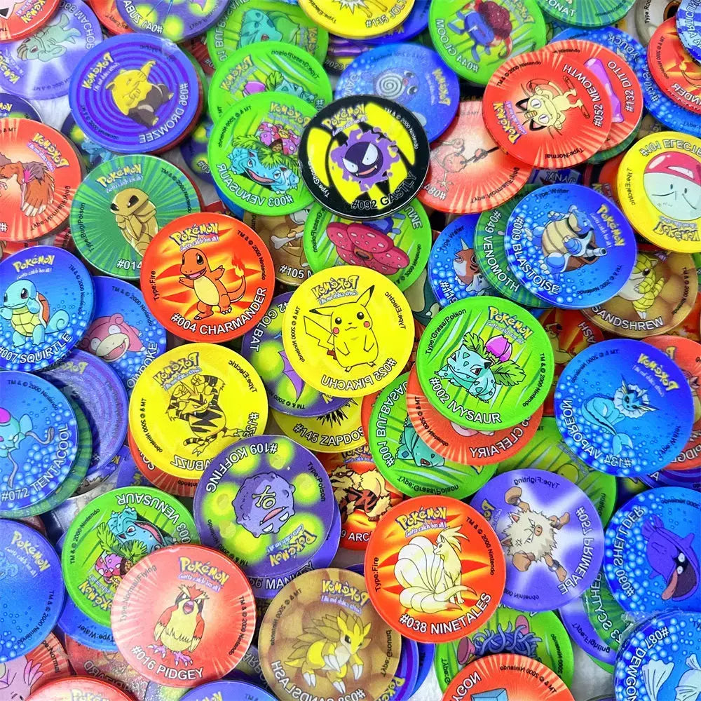 Material acrílico tazos pokemon 1a edição ash ketchum starter pokemon torneiras coleção cartão acrílico pikachu trainer redondo pogs