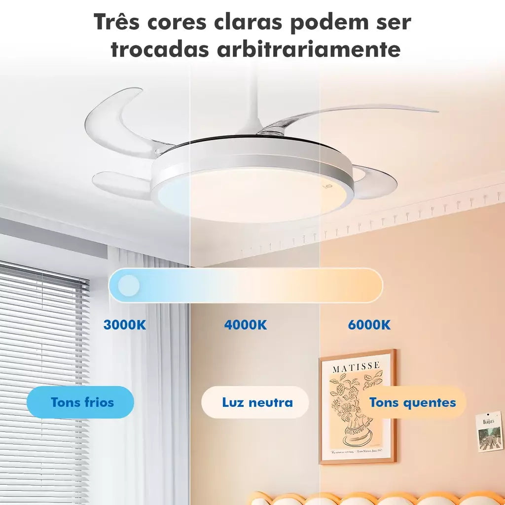Ventilador de Teto Inteligente com Luz Invisível 3CCT e Controle Remoto - Design Dobrável, 3 Velocidades, Timer e App Tuya