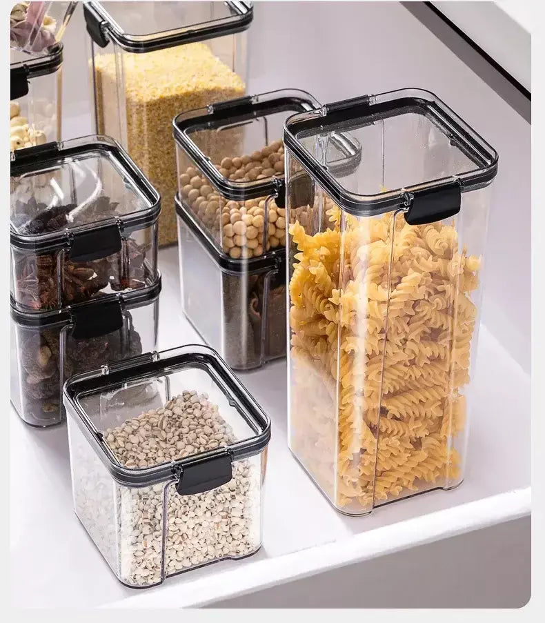 Conjunto de vasilhas de plástico herméticas para armazenamento de cozinha, grandes recipientes à prova de umidade para grãos, temperos e organizadores de despensa