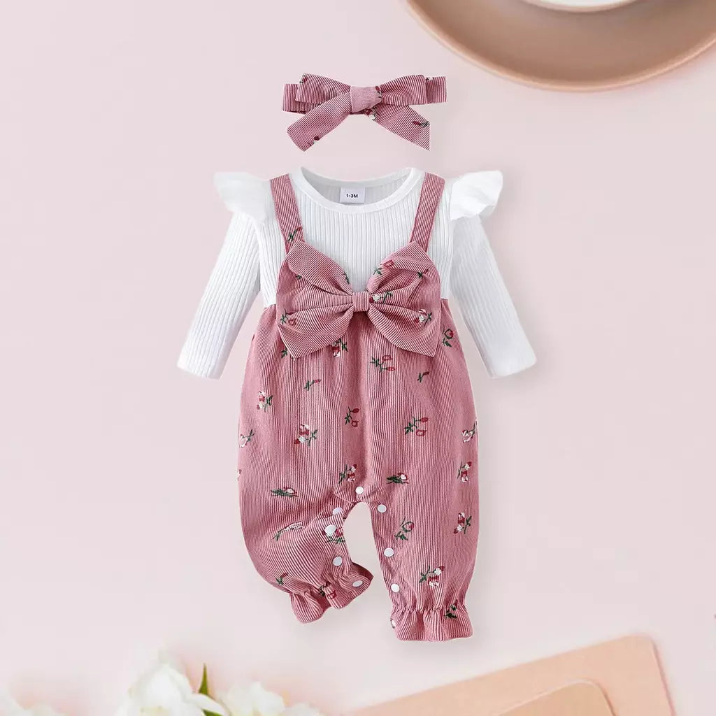 Citgeett outono infantil bebê meninas manga longa macacão floral impressão retalhos arco macacões bonito bandana conjunto de roupas