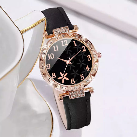 Conjunto de braceletes de coração strass feminino, relógio de pulso quartzo feminino, mostrador flor, pulseira de couro, 2 peças por conjunto