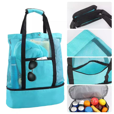 Grande bolsa de malha transparente de camada dupla para mulheres, alta capacidade, preservação de calor, piquenique, praia, bolsa, escritório, almoço, lanches, bolsa