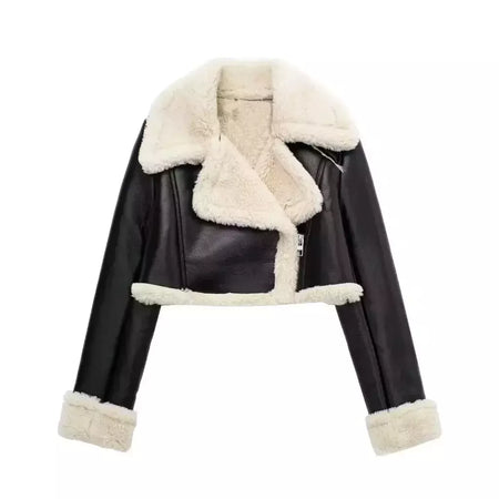 Jaqueta de shearling falso feminina, casaco de pele de carneiro, jaquetas retrô motociclista, tops, inverno