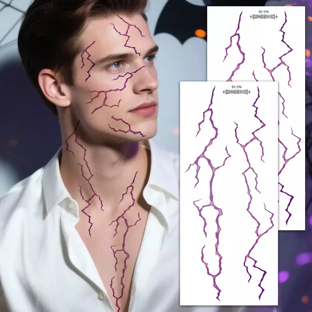 Adesivos de tatuagem falsos grandes, 2 peças, design detalhado de veias relâmpago preto e vermelho para festa de halloween, suprimentos de arte facial e corporal