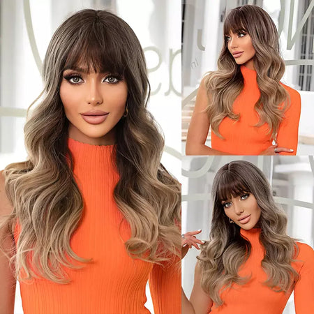 Louis ferre longo ombre loira perucas sintéticas com franja para mulheres onda natural penteado fibra resistente ao calor cosplay perucas marrons