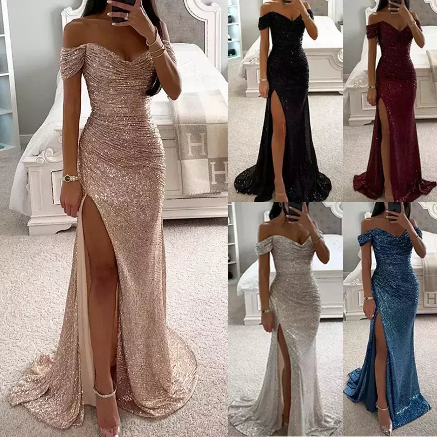 Vestido Dividido de Pescoço Uma Linha Feminino, Lantejoulas, Dividido, Versátil, Elegante, Charme, Emagrecedor, Festa, INS, Emagrecimento, S-XL Size, Novo