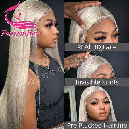 40 Polegada platina reta hd 13x6 13x4 peruca frontal do laço perucas de cabelo humano pré-arrancadas # 60 peruca frontal de renda suíça branca para mulheres