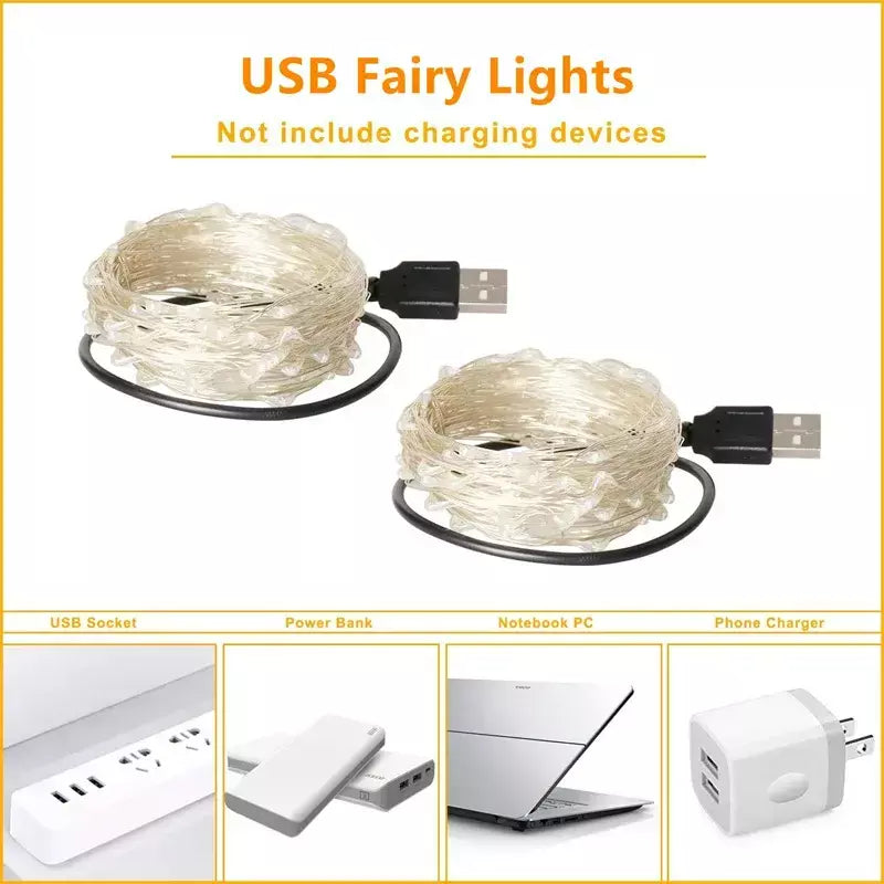 USB LED Fairy Lights Copper Wire String, Lâmpada ao ar livre, Guirlanda para árvore de Natal, Decoração de casamento, Feriado, 20m, 200 LEDs