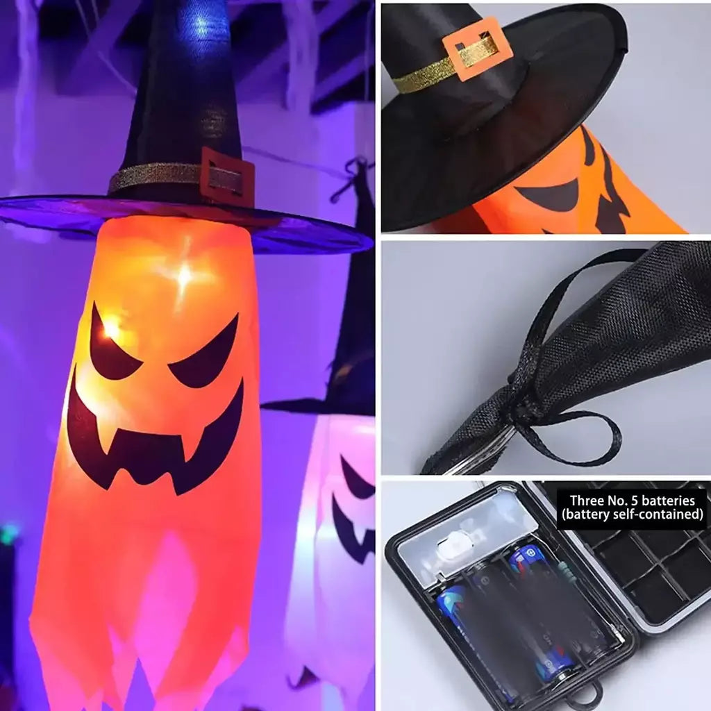 Decorações de Halloween ao ar livre 5 PCS pendurado Halloween iluminado brilhante chapéu de bruxa fantasma com luzes de corda LED para festa jardim