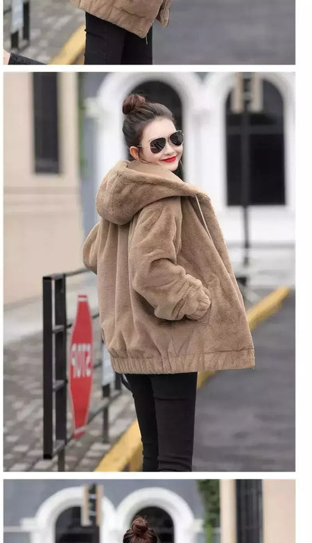 Jaqueta feminina com capuz de flanela forrada a lã, jaqueta curta solta, manga longa quente, comprimento médio, versão coreana, inverno, novo estilo
